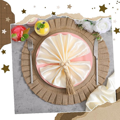 6 Sets Boho Placemats, Round Burlap Placemats Wood Bead Napkin Rings with Dinner Napkins Cloth Natural Burlap Cotton for Kitchen Dining Table Home Wedding