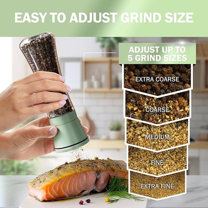 Home EC Premium Green Sea Salt and Pepper Grinder Set of 2 - Adjustable Ceramic - Tall Glass Salt and Pepper Shakers - Kitchen Pepper Mill & Salt Mill W/Funnel & EBook