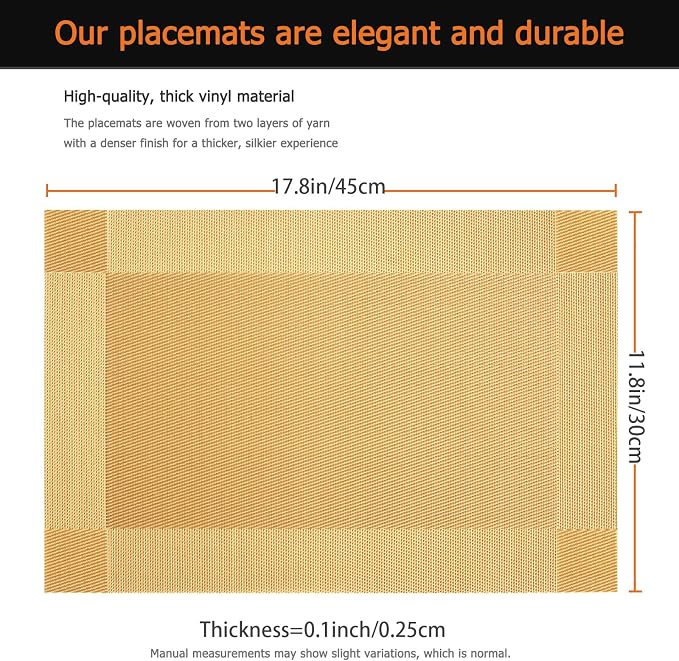 Gold Vinyl Placemats Set of 12, Heat Resistant Table Placemats | 18x12 inch - Image 3