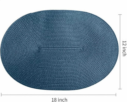 FunWheat Oval Braided Placemats Set of 4 Table Mats for Dining Tables Washable Heat Resistant Place Mats for Indoor Outdoor Use 12 x18 Inch(Oval Blue, 4pcs)