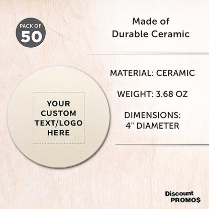 DISCOUNT PROMOS Custom Ceramic Coasters Set of 50, Personalized Bulk Pack - 4 Inches with Cork Bottom Pad, Perfect for Hotel, Bar, Restaurant - Natural