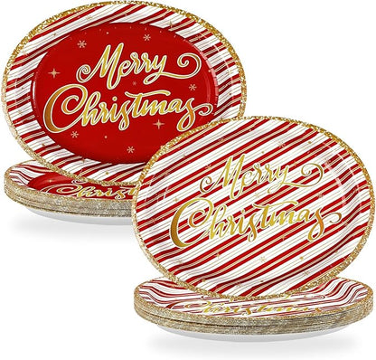 50Pcs Christmas Oval Paper Plates 10" x 12" Large Disposable Heavy Duty Red and Gold Stripe Paper Platters Red Gold Xmas Party Platter for Merry Christmas Holiday New Year Dinner Party Supplies