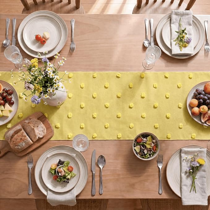 Artoid Mode Light Yellow Pom Pom Tulle Table Runner, Seasonal Spring Summer - Image 3