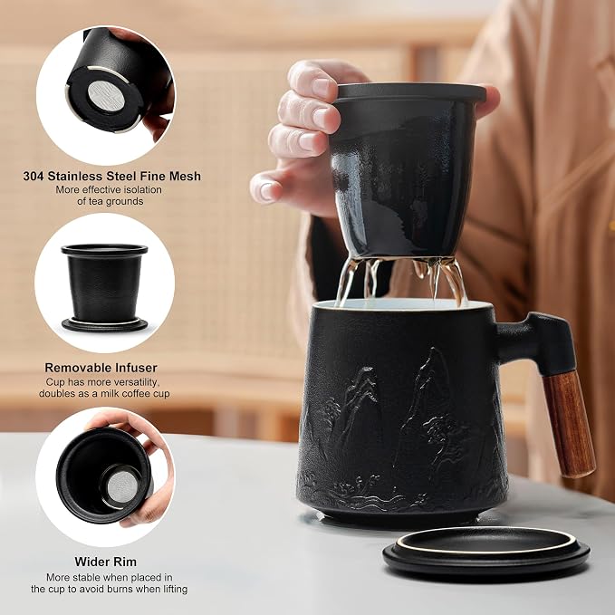 suyika Ceramic Tea Cup with Infuser and Lid, Gradient Embossed Large Tea Mug - Image 2