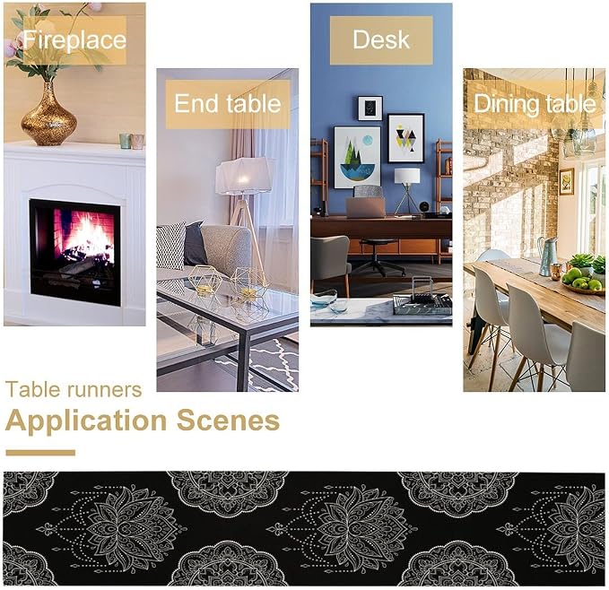 Lotus Flower Table Runner, Bohemian Ethnic Oriental Mandala Black White Floral - Image 5