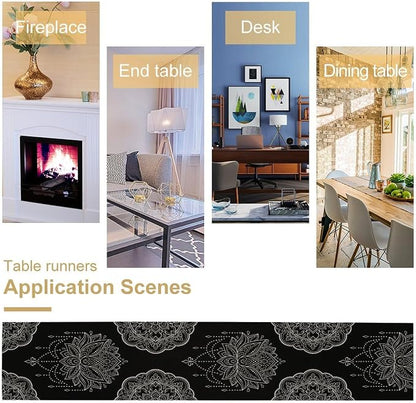 Lotus Flower Table Runner, Bohemian Ethnic Oriental Mandala Black White Floral - Image 5