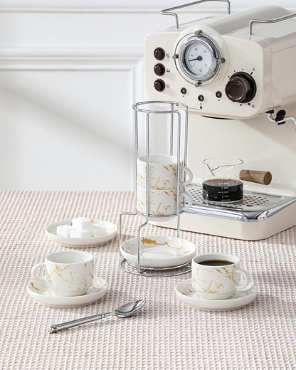 MALACASA 2.5 OZ Porcelain Espresso Cups with Saucers and Metal Stand Set of 4, Stackable Cappuccino Cups, Marble White Expresso Shots Cup Set for Coffee Drinks, Latte, Tea