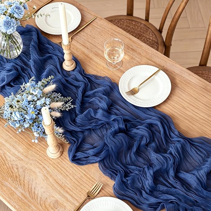 3Pcs Navy Blue Table Runner, 10FT Rustic Gauze Blue Table Runner 35*120inch - Image 2