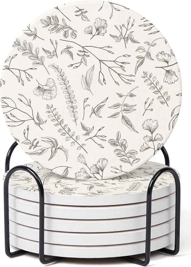 Set of 6 Floral Ivory and Gray Coasters by Hoomey