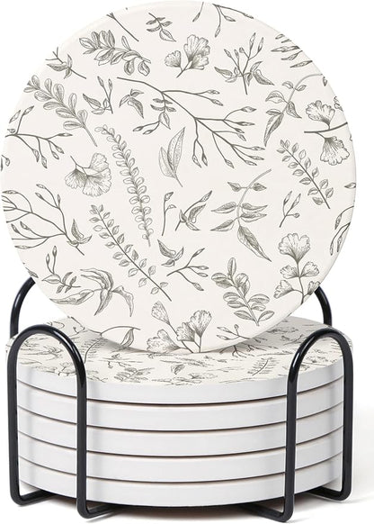 Set of 6 Floral Ivory and Gray Coasters by Hoomey