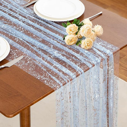 SiinvdaBZX 4 Pcs Light Blue Sheer Tulle Table Runner 120 Inch/10 Ft Long | by SiinvdaBZX