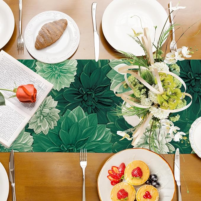 Deep Green Dahlia Flower Summer Table Runner Green Gray Burlap Table Runners - Image 8