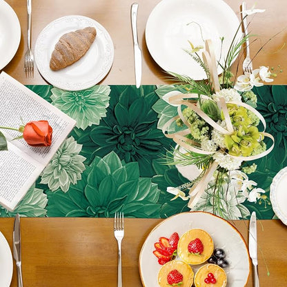 Deep Green Dahlia Flower Summer Table Runner Green Gray Burlap Table Runners - Image 8