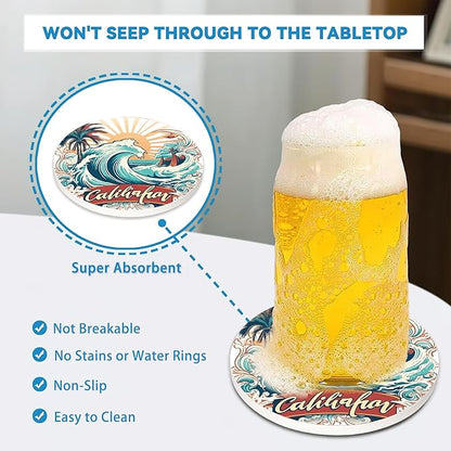 Drinks Coasters Set of 4, California Beach Round 4" Cup Coasters, Absorbent Ceramic Stone Coasters with Cork Base, Cute Coasters for Table Home Décor, Ideal Gifts for Women Men