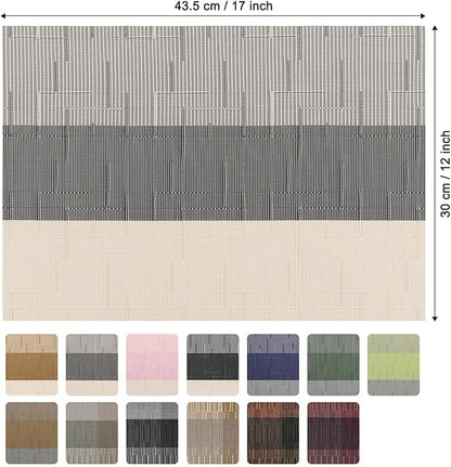 Placemats Set of 4, Vinyl Woven Place Mats Indoor Set of 4 Washable Wipeable PVC Table Mats Heat-Resistant Non Slip Placemat for Kitchen Dining Outdoor Table (Beige Dark Gray, Set of 4)