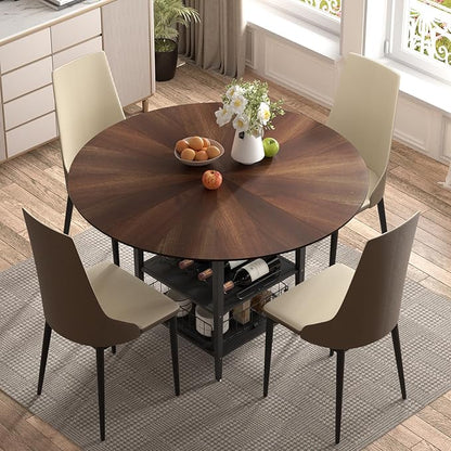 VFK 47" Round Dining Table Set with Storage Steel Legs & Sunburst Design, 5-Piece Modern Wooden Kitchen Set for 4-6 People, Includes 4 Comfortable Chairs for Dining Room, Living Room or Kitchen