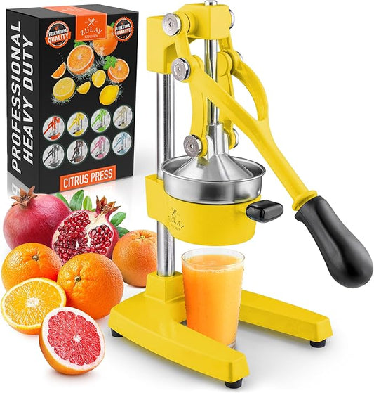 Zulay Kitchen Cast Iron Juicer - Easy-to-Clean Heavy-Duty Manual Juicer, Professional Citrus Juicer - Stainless Steel Lemon Squeezer - Manual Citrus Press & Orange Squeezer - Orange Juicer (Yellow)