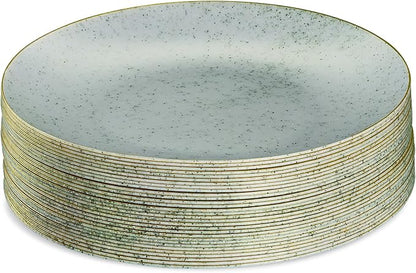 PLASTICPRO 30 Pack Disposable Plastic Plates Heavyweight Granite Look Elegant 9 inch Dinner Plates Green with Gold Rim