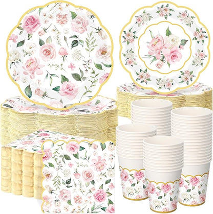 Funnymoom 250 Pcs Floral Party Decorations Flower Paper Plates Napkins and Cups by Funnymoom