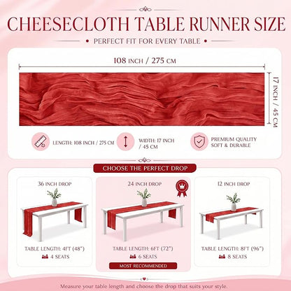 2 Pack Red Cheesecloth Table Runner 17x108 Inch Boho Rustic Semi Sheer Gauze - Image 3