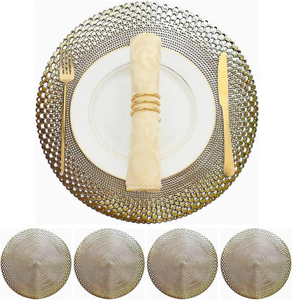 Vinyl Round Placemats Set of 4 - Non Slip Place Mats Ideal for Indoor and Outdoor Dining Table - Washable and Heat Resistant Table Mat for Kitchen Tables (Vincent Gold)