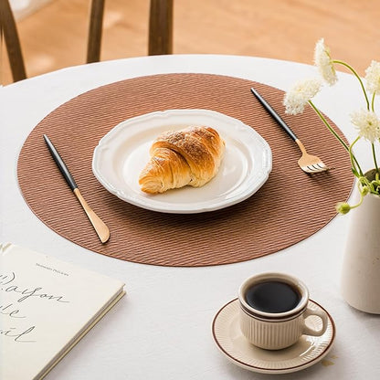 Jovono 15" Faux Leather Big Round Placemats Set of 6 - Washable Heat Resistant Non-Slip Dining Table Mats with Fabric Texture for Kitchen Home Party Decor, Brown