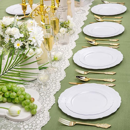 DaYammi 150Pcs White Plastic Plates & Gold Plastic Silverware, White Disposable Plates for Party Include 30 Dinner Platos,30 Dessert Platos,30 Golden Knives,30 Gold Forks,30 Spoons for Wedding Party