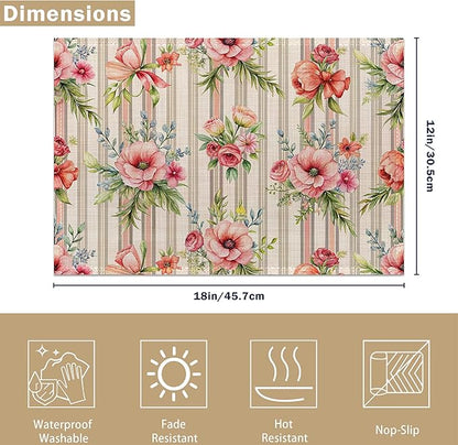 Table Placemats Set of 6, Waterproof Linen Fabric, Non-Slip Backing & Easy Clean, Elegant Dining Table Protectors for Family and Guests(Vintage Floral Countryside)