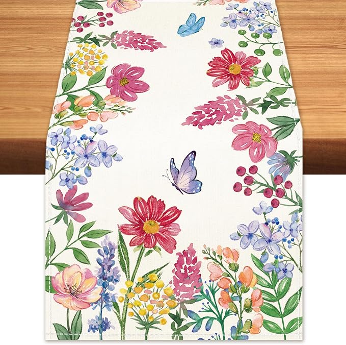Summer Wildflower Table Runner Butterfly Burlap Table Runners, Watercolor by BEAUTYROMANCEFORYOURLIFE