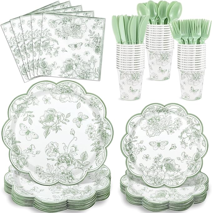 NatNarr 25Set Sage Green Floral Plates and Napkins Bridal Shower Dinnerware | by NatNarr