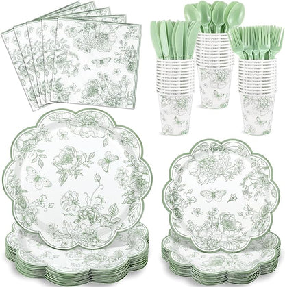 NatNarr 25Set Sage Green Floral Plates and Napkins Bridal Shower Dinnerware | by NatNarr