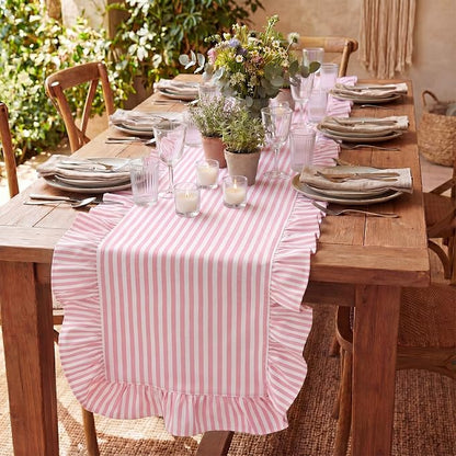 HunnmingRe Ruffle Trim Boho Table Runner Farmhouse Rustic Stripes Scalloped - Image 8