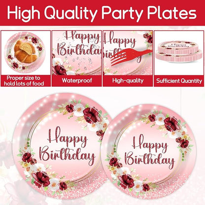 96Pcs Burgundy Birthday Party Supplies Burgundy Floral Paper Plates Napkins - Image 3