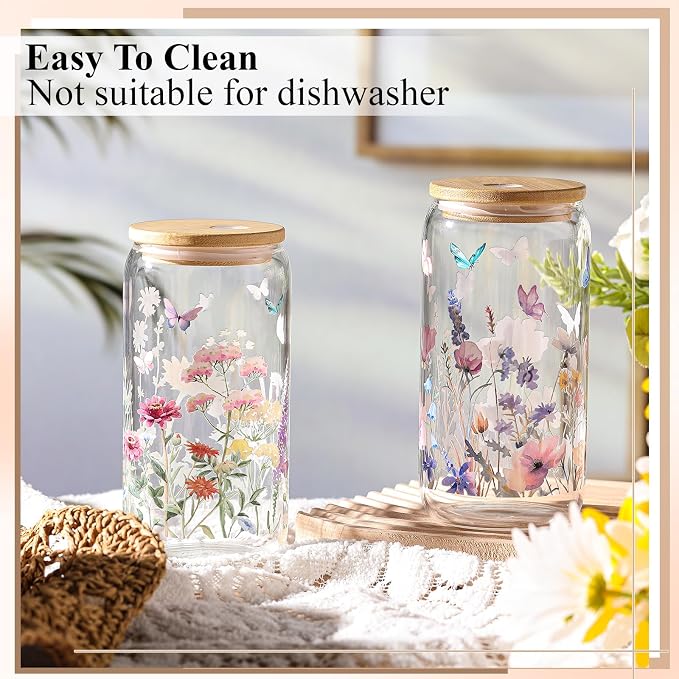 Mumufy 2 Pack Wildflower Glass Cups Gift Aesthetic Cute Glass Cup Tumbler - Image 5