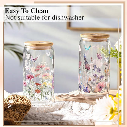 Mumufy 2 Pack Wildflower Glass Cups Gift Aesthetic Cute Glass Cup Tumbler - Image 5
