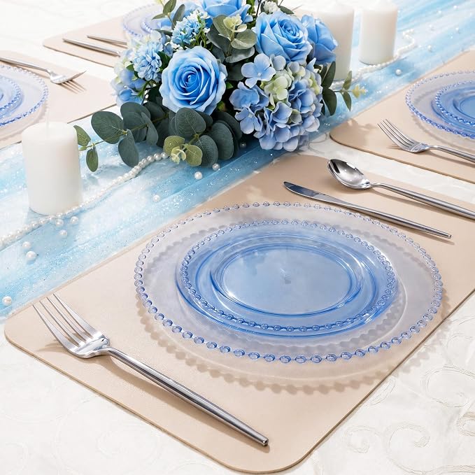 U-QE 60PCS Clear Blue Plastic Plates, Beaded Plates Disposable Heavy Duty | - Image 2