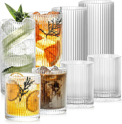 Ribbed Drinking Glasses Set of 8 by Unknown