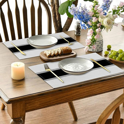 CSFOTO Modern Minimalist Line Decorative Placemats Set of 4 Heat-Resistant Non-Slip Black and White Linen Place Mats for Dining Table 18"x12" Washable