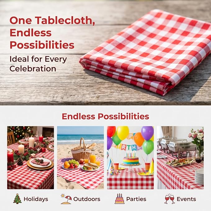 ShinyBeauty Gingham Square Tablecloth 54x54 Red and White Cotton Plaid | Rustic - Image 5