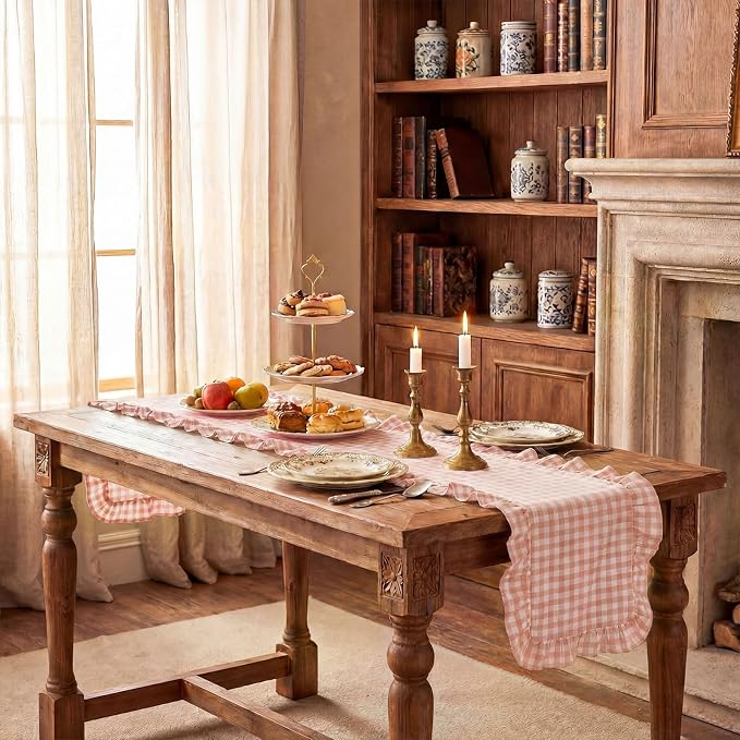 HunnmingRe 1 Pc Gingham Table Runner Light Pink, 118 X 13.8 Inch | Cotton - Image 6