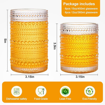 KMIGRUAN Hobnail Drinking Glasses Set of 12, 15Oz & 12Oz Cocktail Glasses | - Image 2
