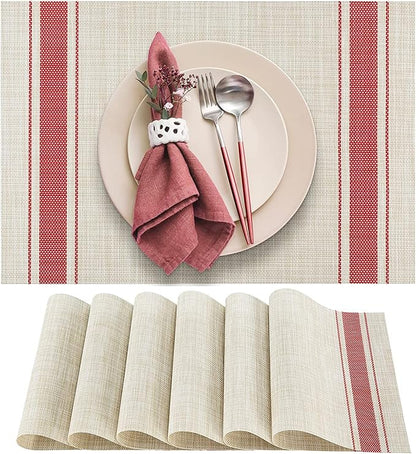 DACHUI Placemats Set of 6, Soft & Elegant Woven Vinyl Place Mats, Water Resistant, Heat Resistant, Washable, Durable Table Mats (Red Stripes)