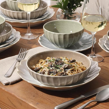 Gibson Elite Malibu Shore 16 Piece Scallop Stoneware Reactive Glaze (Service for 4) Ceramic Plates and Bowls Dinnerware Set - Assorted Color (Shiny Cream White, Blue, Cream, Terracotta)