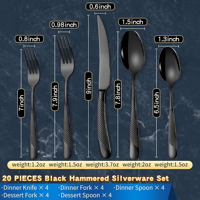 20-Piece Hammered Black Silverware Set - Image 3