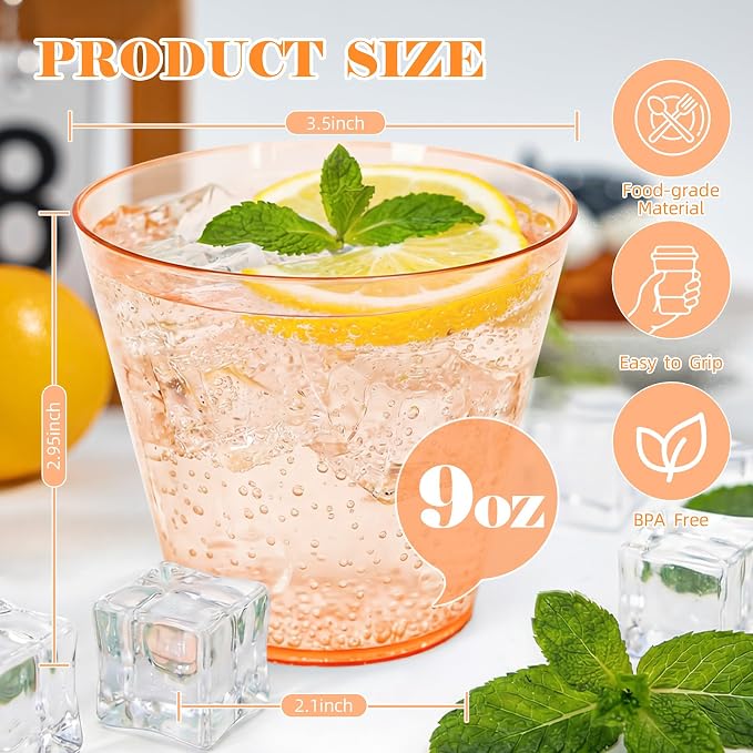 50 Pack 9oz Transparent Orange Plastic Cups, Fancy Disposable Cocktail Cup | - Image 2