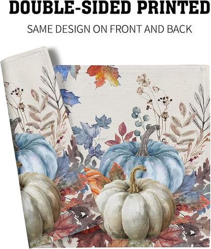 Fall Placemats Set of 4, 12 x 18 Inch Blue and Orange Pumpkin Fall Maple Leaves Washable Heat Resistant Rectangle Place Mat Thanksgiving Decor Table Mats for Seasonal Kitchen Dining