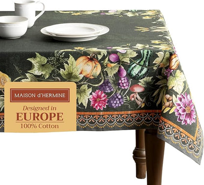 Maison d' Hermine Table Cloth Square Table 100% Cotton 60 x 60 Inches Fall Tablecloth Reusable Everyday Use for Thanksgiving Christmas Decorations Dining Farmhouse Party (Pumpkin Garden - Dark Green)
