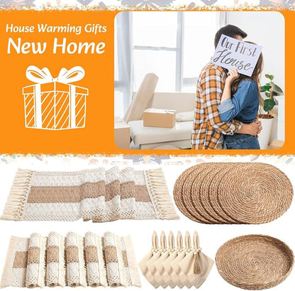 6 Sets Boho Decoration Placemats Round Woven Placemats, Cloth Napkins, Wood - Image 7