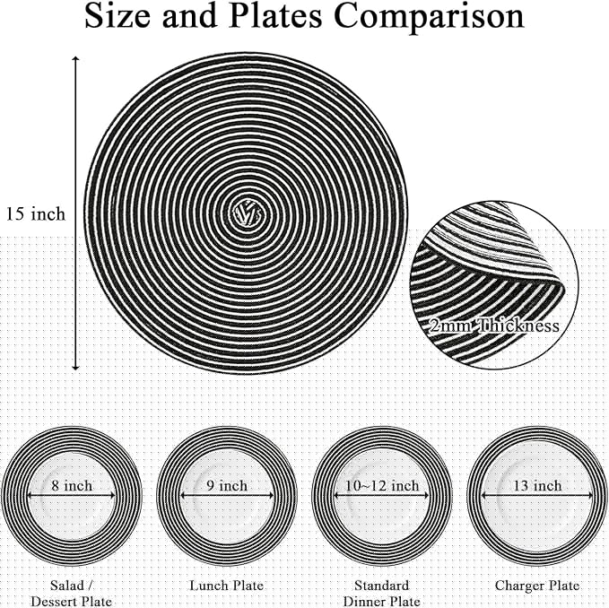 SHACOS 15 inch Round Braided Placemats Set of 6 Non Slip Washable Fabric Kitchen Table Place Mats Heat Resistant Table Mats for Home Wedding Party, Black White