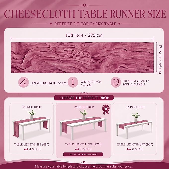 12 Pack Dusty Rose Cheesecloth Table Runner 17x108 Inch Boho Rustic Semi Sheer - Image 3